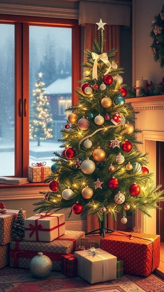 Christmas Aesthetic Wallpaper Quotes A festive Christmas scene with a decorated tree, gifts, and snowflakes outside a window.